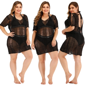 Femme Grande Taille Sexy Dos Nu Ajouré Robe de Plage en Maille Col en V Manches Courtes Crochet Tricot Bandage
