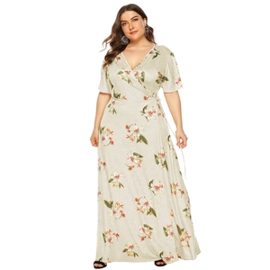 Detailed full-body view of a sage green floral plus size V-neck wrap maxi dress with belt
