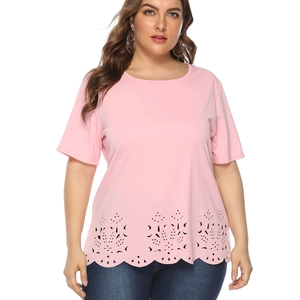 Detail of laser-cut hollow floral pattern on pink plus size short sleeve t-shirt