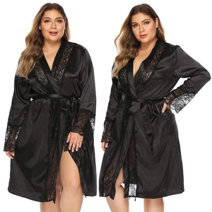 Women Plus Size Black Satin Robe Lace Trim V-Neck Long Sleeve Nightgown With Belt Casual Homewear Sleepwear Loose Bathrobe