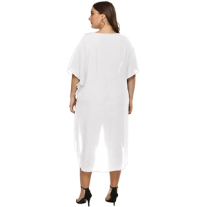 White sheer plus size crochet split beach dress with batwing sleeves and loose fit