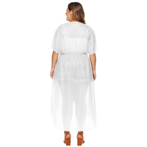 White sheer chiffon beach cover up cardigan with waist tie for women, back view