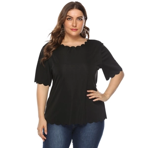 Women's plus size black short sleeve T-shirt featuring stylish scalloped edges and crew neck