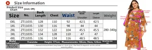 Size chart for floral wrap dress ZT11035 showing measurements from 0XL to 4XL in cm