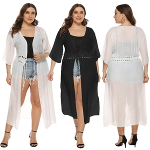 Women Plus Size Long Beach Cover Up Kimono With Lace Crochet Waist Solid Color Sheer Cardigan For Summer Vacation Wear