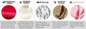 Detail showing five fabric textures like knitwear and cotton with washing care instructions