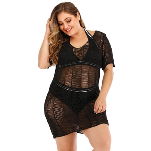 Robe de plage noire grande taille en crochet avec tricot ajouré et design sexy dos nu