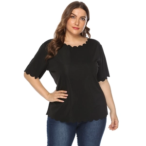 Detail of scalloped edges on neckline and sleeves of a black plus size t-shirt