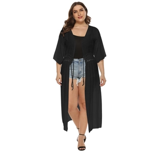 Plus size black long beach cover up with three-quarter sleeves and tassel drawstring waist