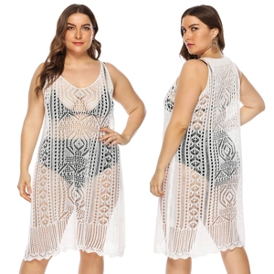 Plus Size Women Sexy Hollow Out Crochet Beach Cover Up Dress White Sleeveless See-through Boho Knit Sundress For Vacation