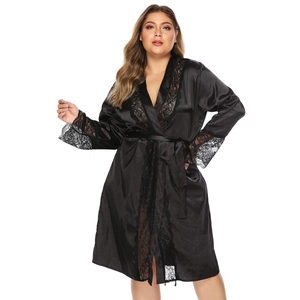 Elegant plus size black satin robe for women with lace trim and adjustable waist tie belt