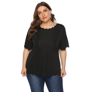Detailed view of the elegant scalloped edge design on a black plus-size women's knit T-shirt