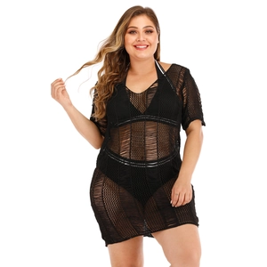 Robe de plage au crochet noire grande taille avec maille ajourée et manches mi-longues