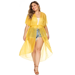 Lemon yellow long chiffon sun protection cover-up with drawstring waist and mid-sleeves