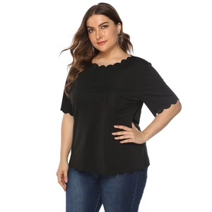 Detail of scalloped edge trim on the neckline and sleeve of a black plus size t-shirt