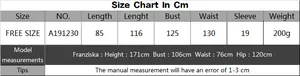 Detailed size chart for women's crochet patchwork beach dress with measurements and model specs