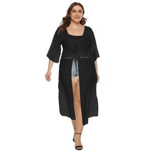 Women's plus size black beach cover-up with drawstring waist and crochet lace details