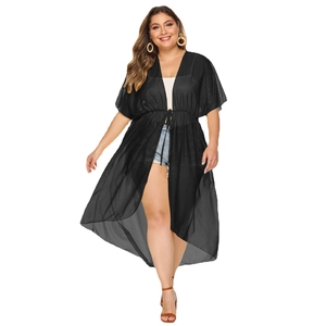 Black plus size long chiffon beach cover up with waist tie and loose open cardigan style