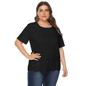 Detail of the laser-cut scalloped hem on this black plus size women's short sleeve T-shirt
