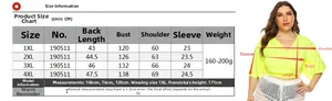 Size chart for plus size neon green V-neck crop top, detailed measurements in cm