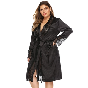 Elegant plus size black satin robe for women with delicate lace trim and waist tie belt