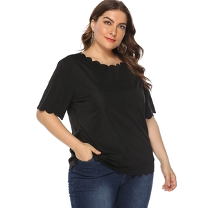 Detail of scalloped edges on the collar and sleeves of a black plus size t-shirt