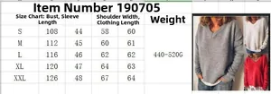 Size chart for women's V-neck loose knit sweater showing bust and length measurements