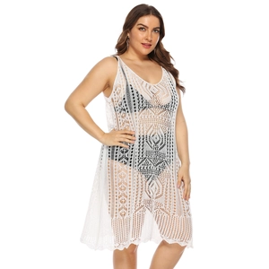 White sleeveless crochet hollow-out beach cover-up maxi dress with deep V-neck