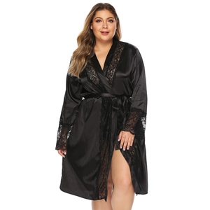 Plus size black satin robe with elegant eyelash lace trim and adjustable waist tie belt