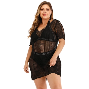 Robe de plage noire grande taille en crochet avec tricot ajouré et décolleté en V