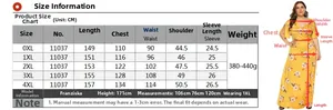 Detailed size chart for women's plus size floral V-neck maxi dress with fit measurements