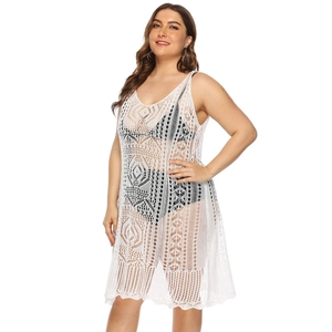 White crochet hollow out sleeveless beach cover up dress with floral knit patterns