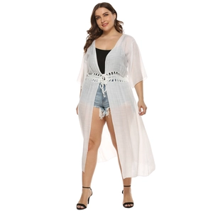 Women's white long beach cover-up with lace waist detail and half sleeves