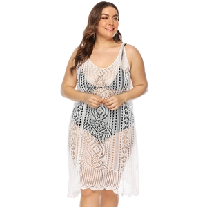 White sleeveless crochet beach cover-up dress with hollow out geometric patterns