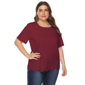 Detail of laser-cut geometric pattern and scalloped hem on plus size burgundy top