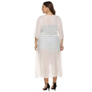 White boho long beach cover up with crochet lace waist and lightweight translucent fabric