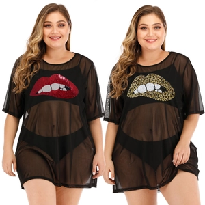 Maglietta da Donna Sexy in Mesh Trasparente Copricostume Taglie Comode Applicazione Labbra Paillettes Stampa Leopardata Manica Corta