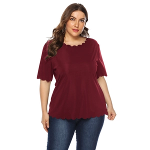 Women's plus size wine red T-shirt with stylish scalloped edges and round neck