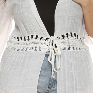 Detail of white semi-transparent cardigan with crochet lace waist and woven texture