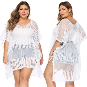 Women Plus Size Crochet Hollow Out Beach Cover Up V Neck Batwing Sleeve Loose Knit Swimsuit Coverup Tunic Tops