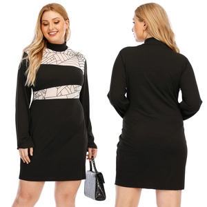 Women Plus Size Sexy Bodycon Dress Spider Web Print Mock Neck Long Sleeve Color Block Gothic Halloween Mini Dress