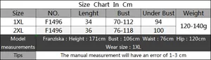 Detailed size chart for plus size crochet tassel bikini top with bust and length measurements
