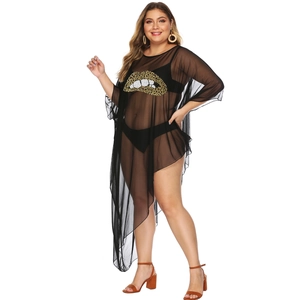 Detail of plus size black mesh beach cover-up featuring leopard print lips and asymmetric hem