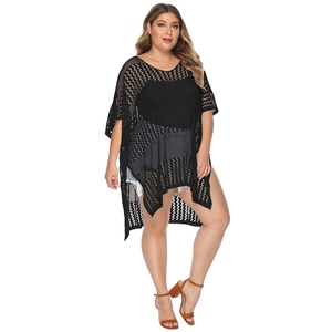 Close-up of black hollow crochet knit pattern on plus size beach cover-up top