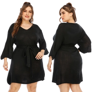 Plus Size Women Black Knitted Dress V Neck Flared Sleeve Tie Waist Casual Solid Color Elegant Mid Length Sweater Dress