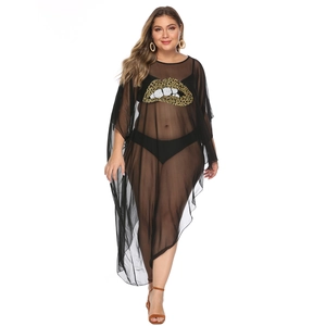 Detail of sheer black mesh beach cover-up featuring sequined leopard lip patch embroidery