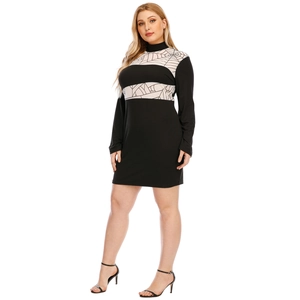 Detail of long sleeve bodycon dress with spider web print and mock neck design
