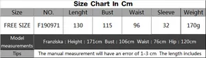 Detailed size chart for plus size long cardigan with bust, length and sleeve measurements
