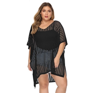 Plus size black crochet beach cover-up with V-neck, side slits and loose fit mesh design
