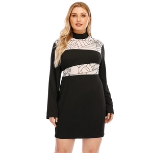 Women's black bodycon mini dress with white spider web print panels and high neck